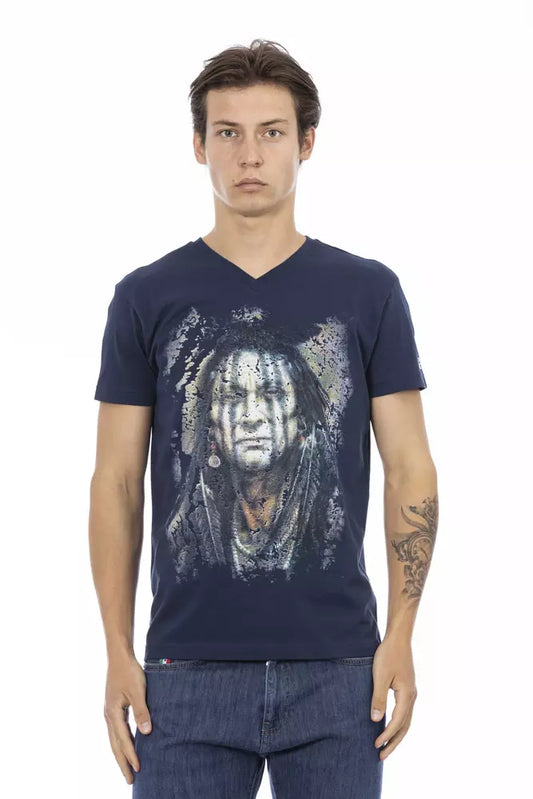 Man wearing blue t-shirt with graphic print