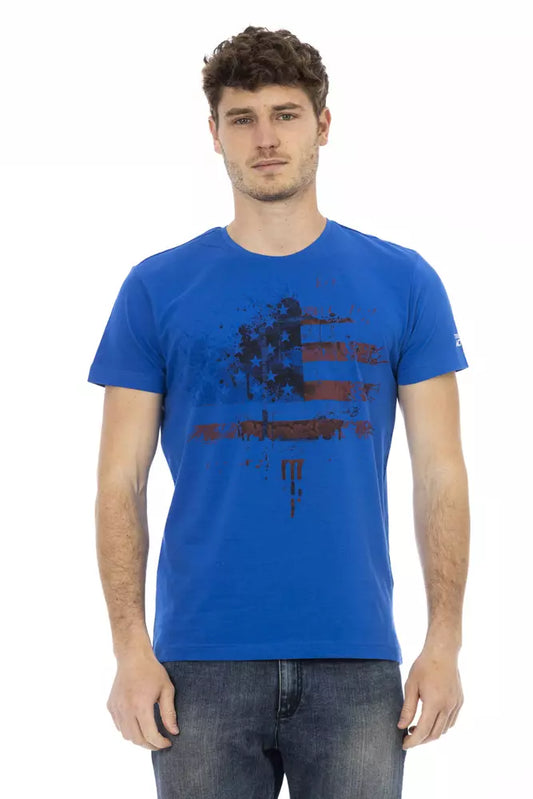 Man wearing blue t-shirt with American flag design