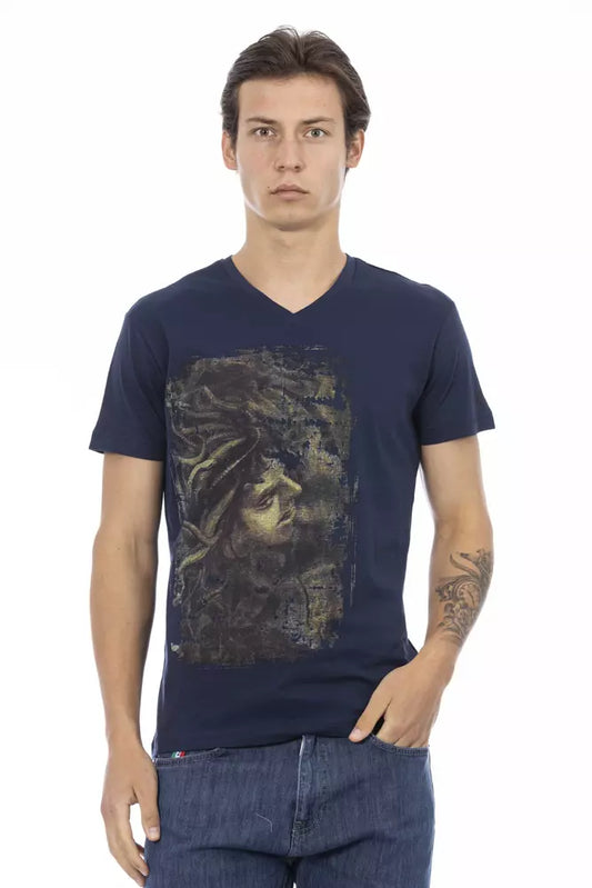 Man wearing blue t-shirt with graphic design on front