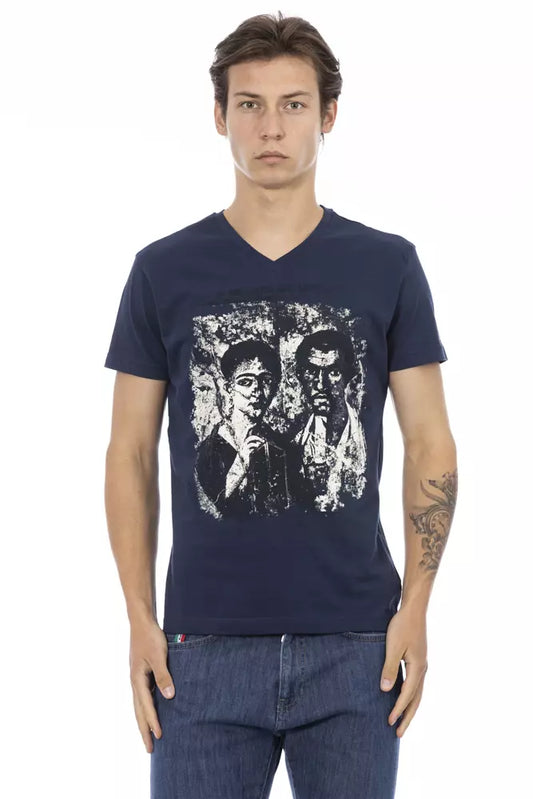 Man wearing blue t-shirt with graphic design on front