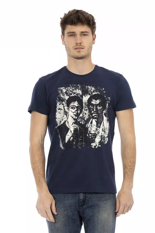 Man wearing blue t-shirt with graphic print