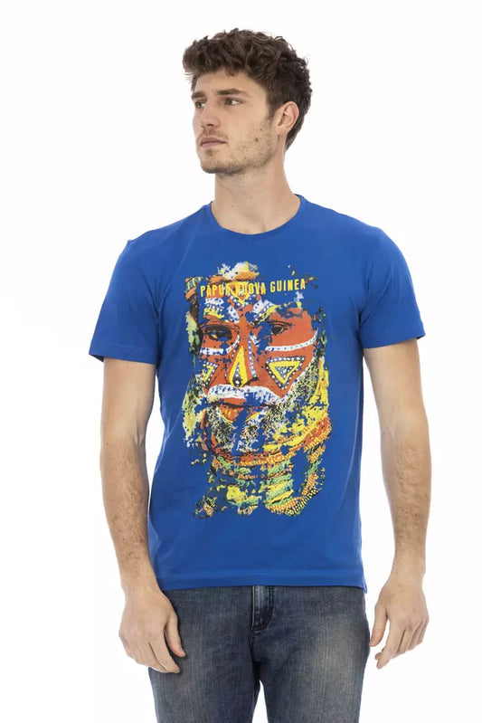 Man wearing blue t-shirt with graphic design