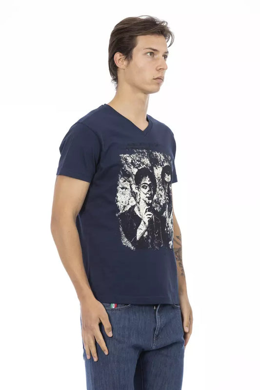 Man wearing blue t-shirt with graphic design on front