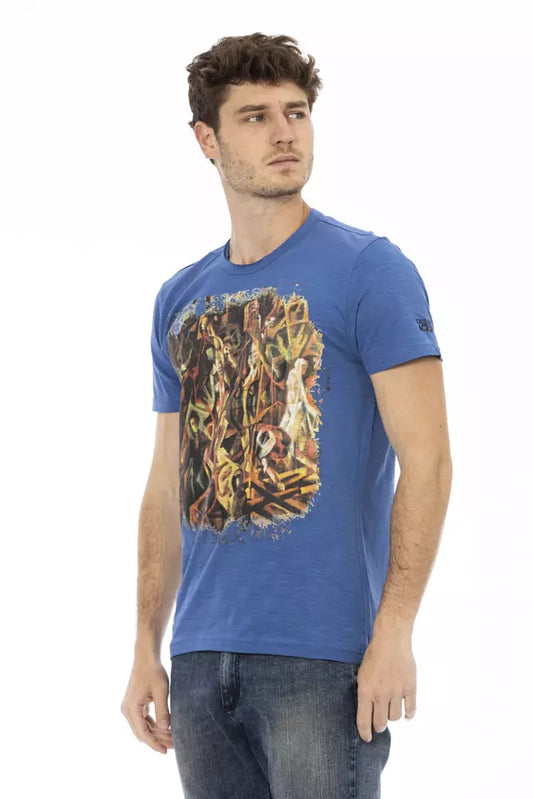 A blue men's t-shirt with a graphic print on the front