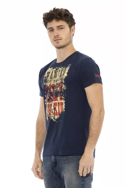 Man wearing blue t-shirt with graphic design on front