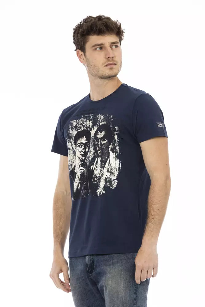 Man wearing dark blue t-shirt with graphic design on front