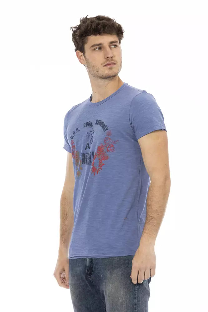 A man wearing a blue t-shirt with a graphic design on it