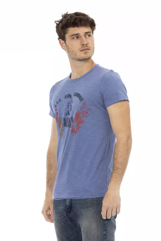 A man wearing a blue t-shirt with a graphic design on it