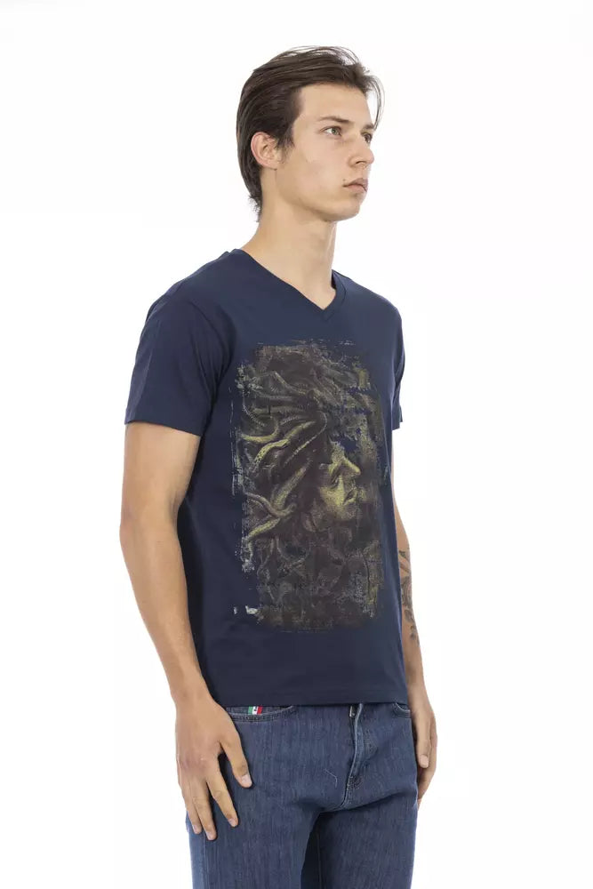Man wearing blue t-shirt with graphic design on front