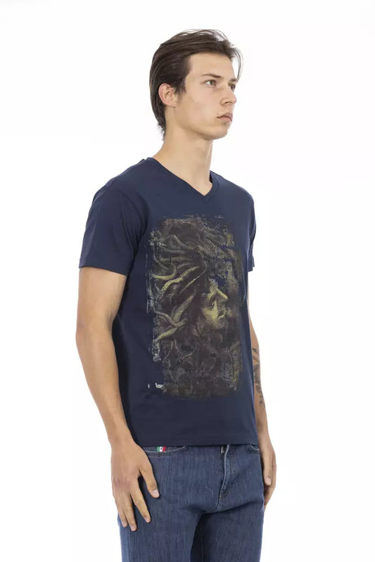 Man wearing blue t-shirt with graphic design on front