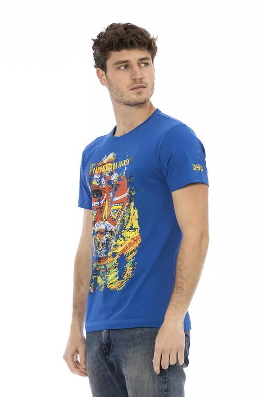 Man wearing blue graphic t-shirt