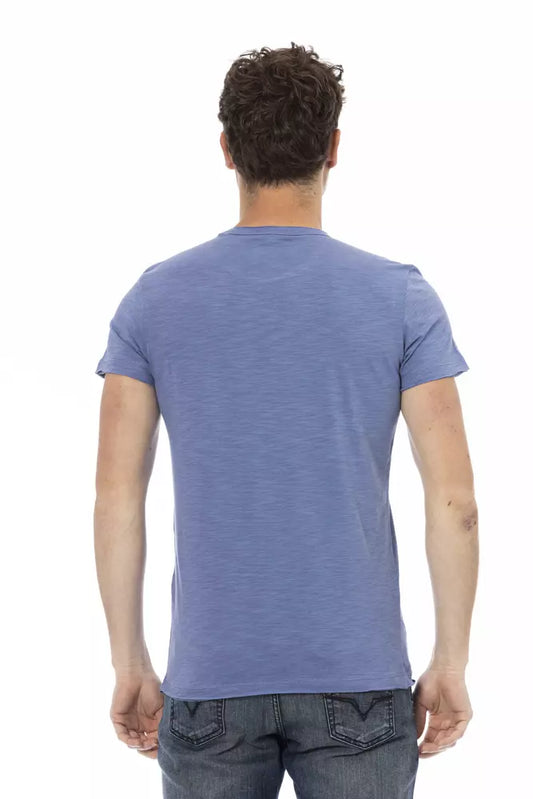 A mannequin wearing a blue cotton men's t-shirt with short sleeves and a crew neck