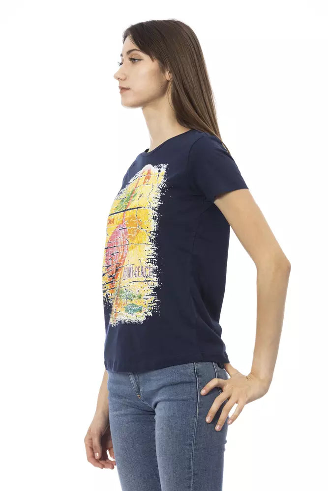 A woman wearing a blue t-shirt with an action print on it