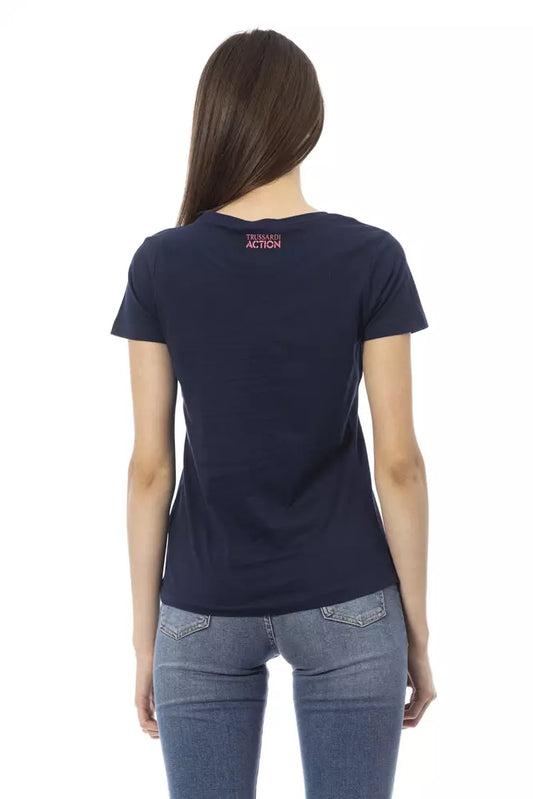 Navy blue cotton t-shirt with pink logo on back