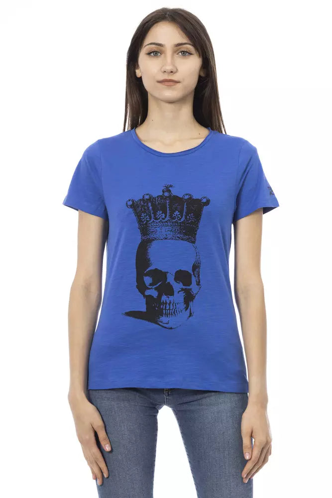 Woman wearing blue t-shirt with graphic design on front