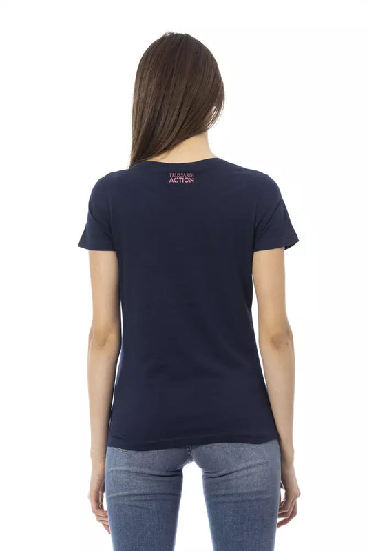 Navy blue women's t-shirt with logo on back