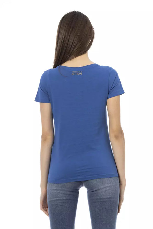 Blue short sleeve t-shirt on a woman's back