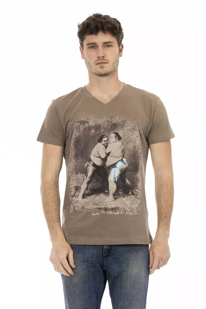 Man wearing brown t-shirt with graphic print