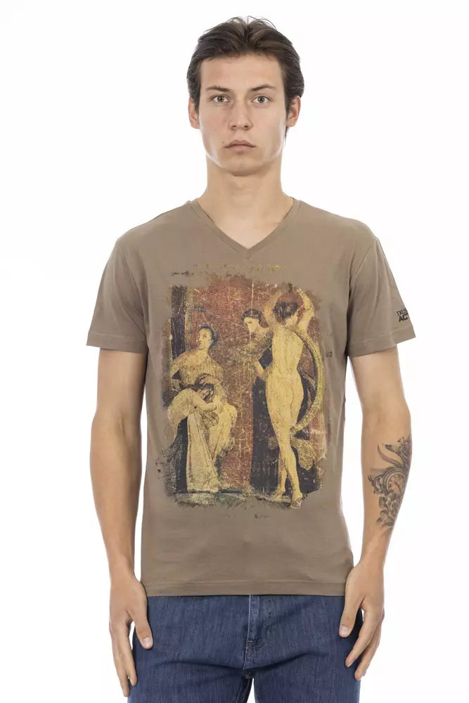 Mannequin wearing a brown v-neck t-shirt with artwork on front