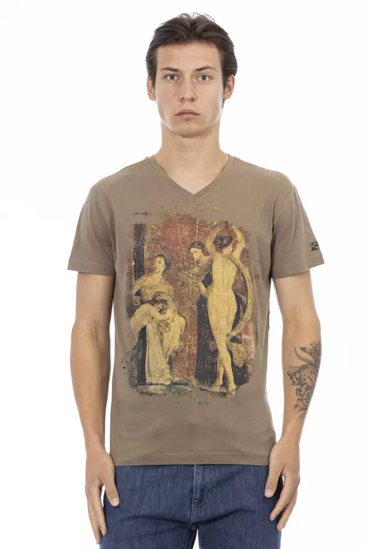 Mannequin wearing a brown v-neck t-shirt with artwork on front