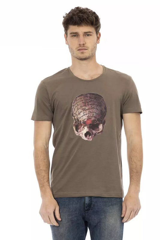 Man wearing graphic t-shirt with skull design
