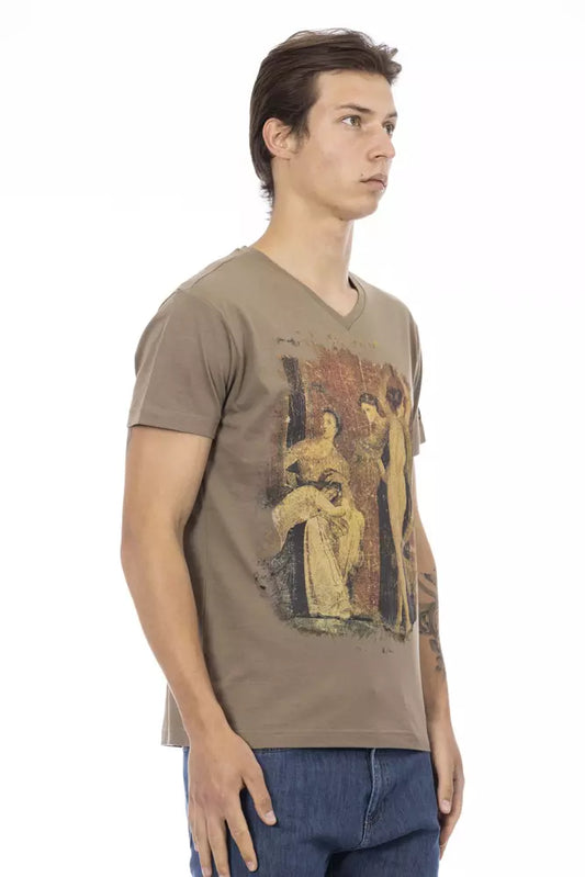 Man wearing a brown t-shirt with a graphic design on the front