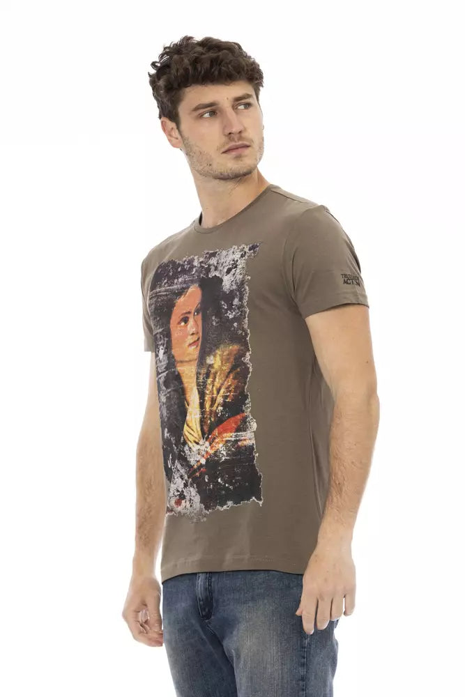 A brown cotton men's t-shirt with a graphic print on the front