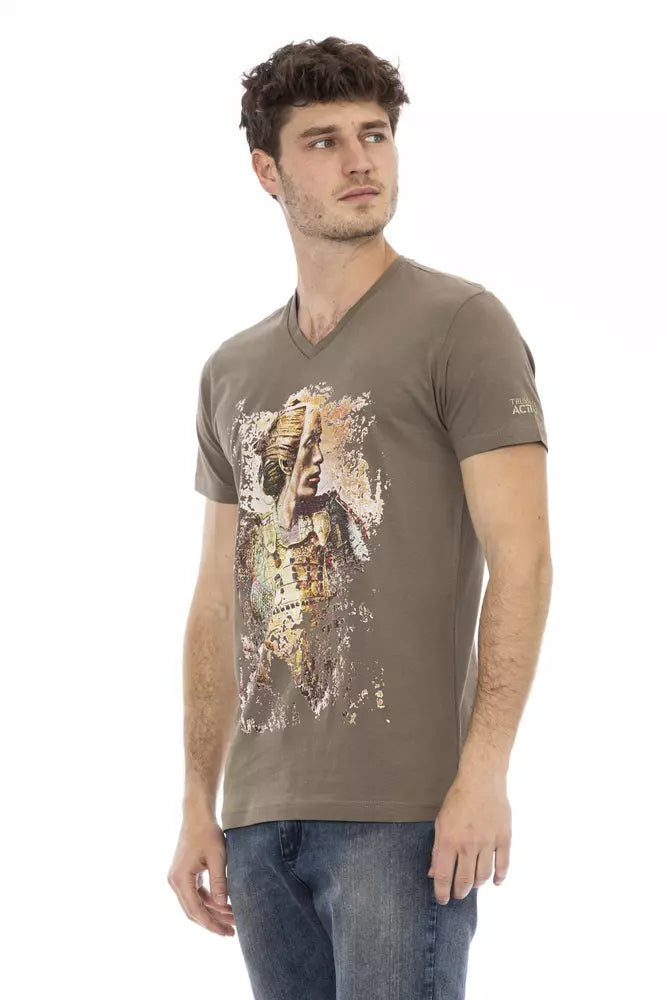 A brown cotton men's t-shirt with a graphic print on the front