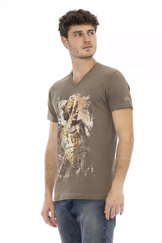 A brown cotton men's t-shirt with a graphic print on the front