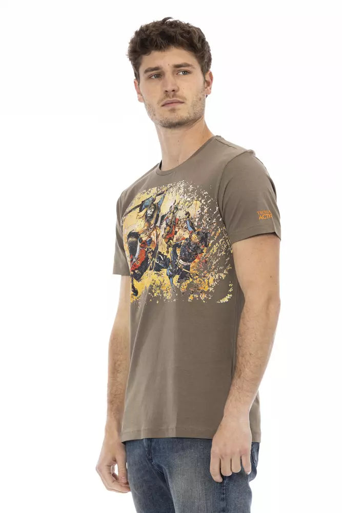 A brown cotton men's t-shirt with a graphic print on the front