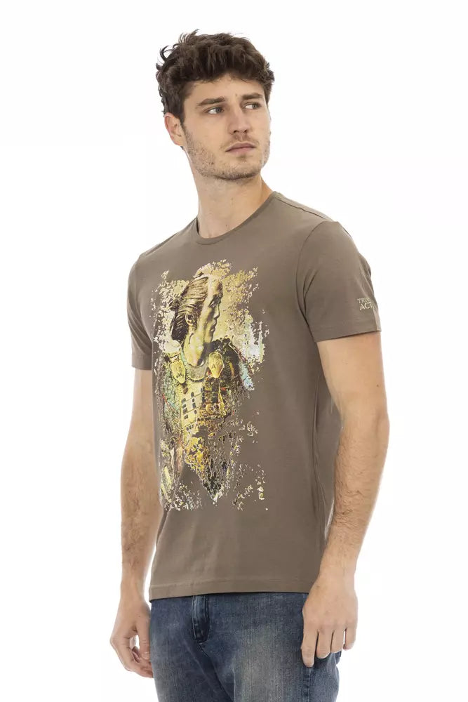 A brown cotton men's t-shirt with a graphic print on the front