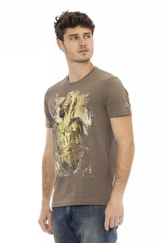 A brown cotton men's t-shirt with a graphic print on the front