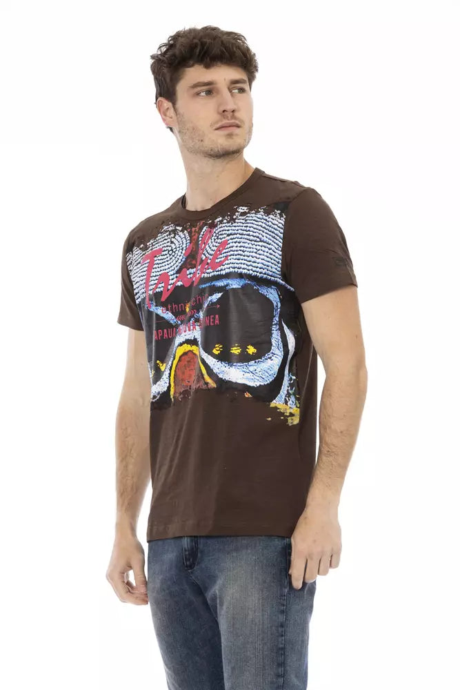A brown cotton men's t-shirt with a graphic design on the front
