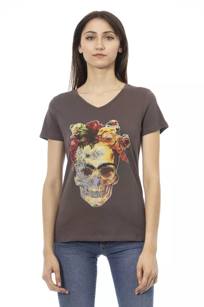 Woman wearing graphic t-shirt with skull design