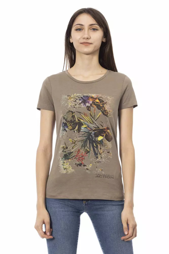 Woman wearing a t-shirt with colorful design on front