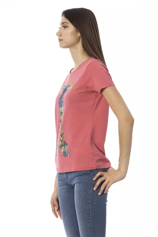 Woman wearing pink shirt and blue jeans