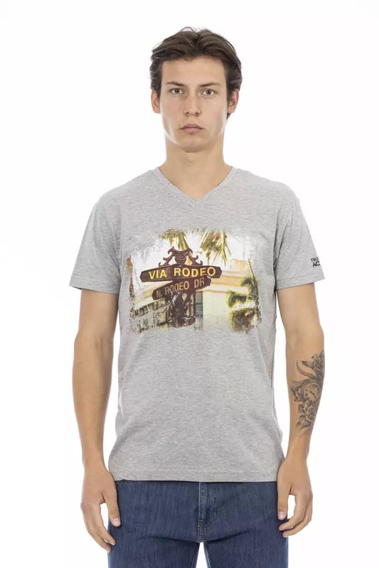 Mannequin wearing gray t-shirt with graphic design on front