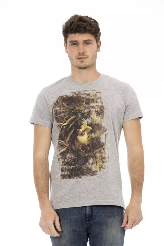 Man wearing gray t-shirt with graphic design on front