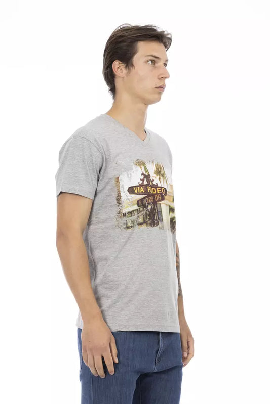 Mannequin wearing gray t-shirt with graphic design on front