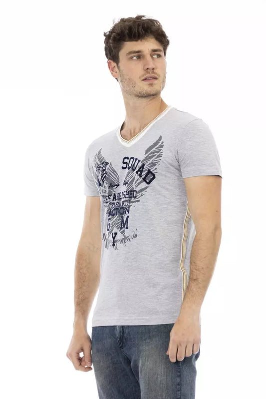 A gray cotton men's v-neck t-shirt with a graphic design on the front