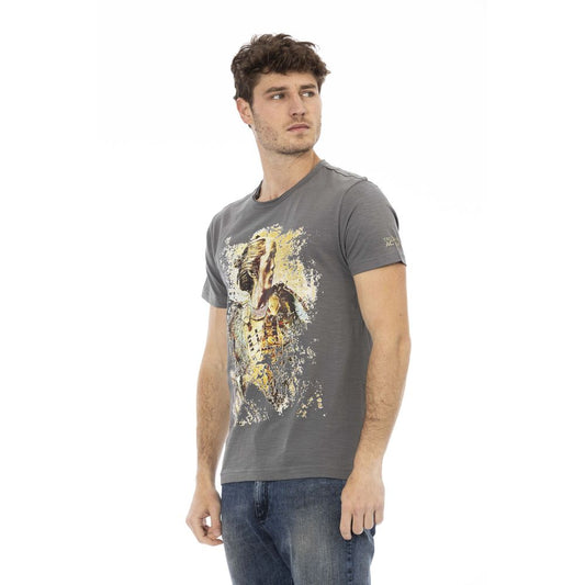 A gray short sleeved t-shirt with a graphic design on the front