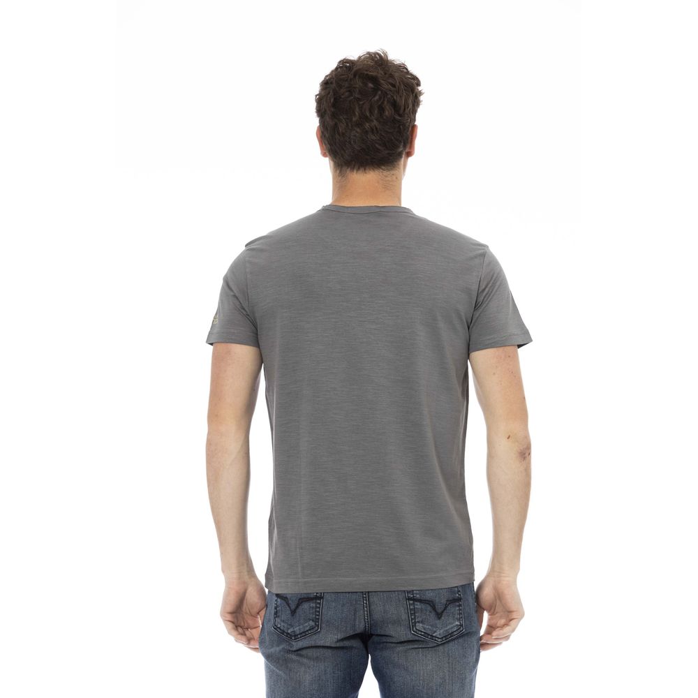 A gray cotton men's short sleeve t-shirt with a pocket on the back