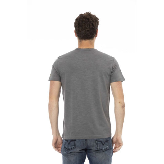 A gray cotton men's short sleeve t-shirt with a pocket on the back