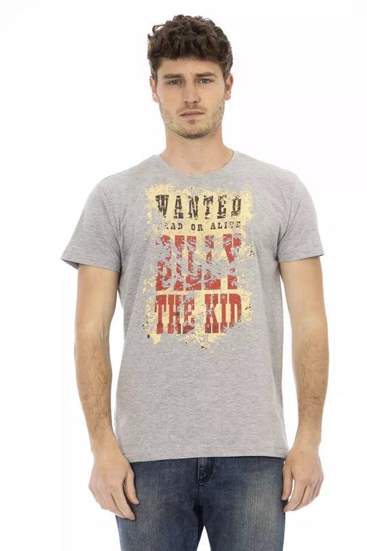 Man wearing gray t-shirt with graphic design
