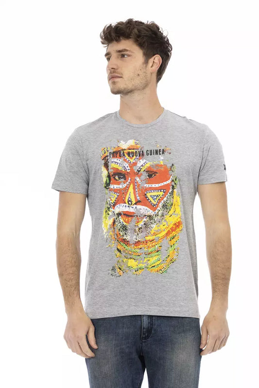 Man wearing gray t-shirt with colorful graphic print on front