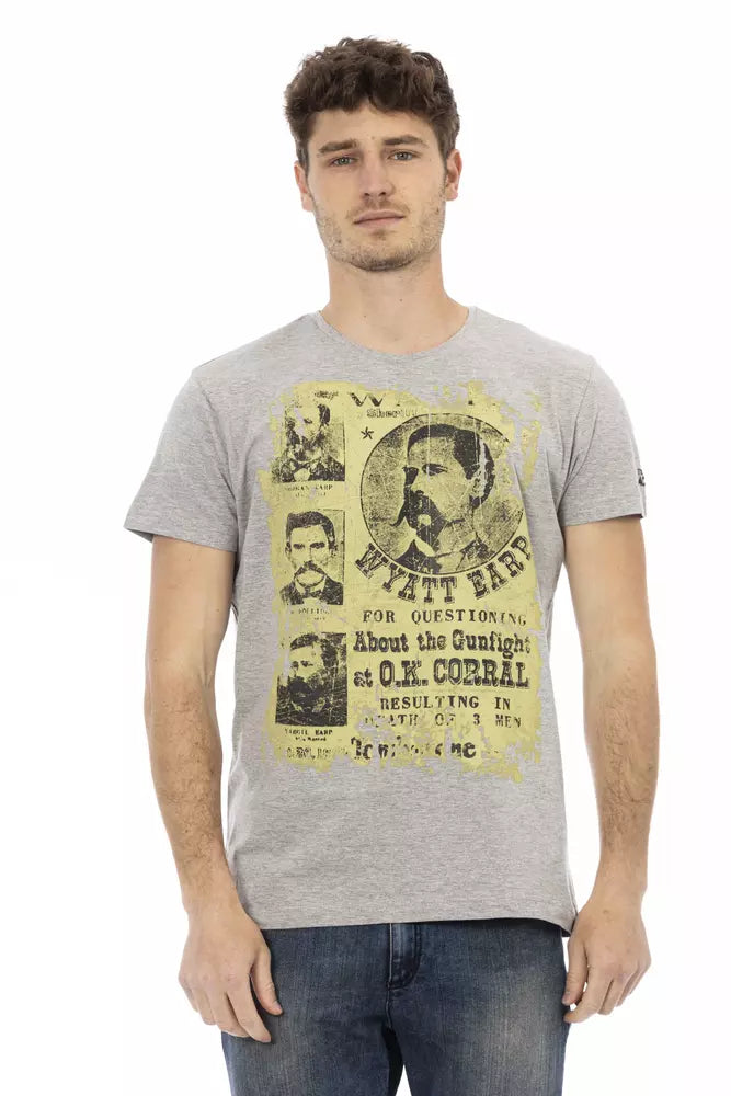 Man wearing gray t-shirt with yellow design featuring historical figures