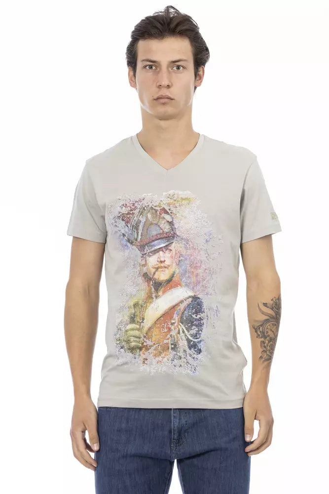 Man wearing graphic t-shirt with portrait on front