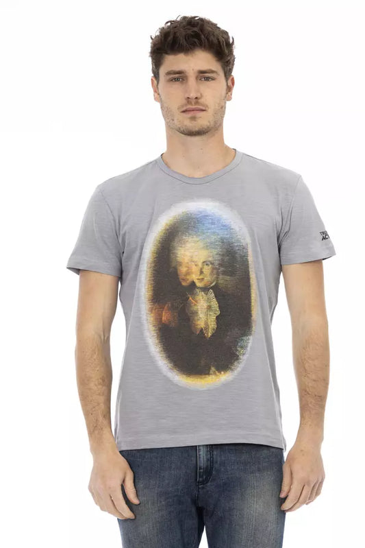 Man wearing gray t-shirt with graphic print on front
