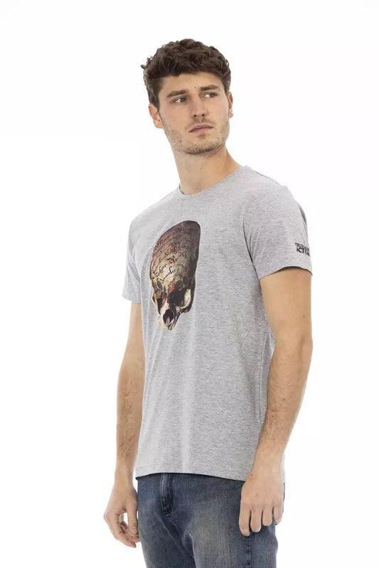 Man wearing gray t-shirt with graphic design on front
