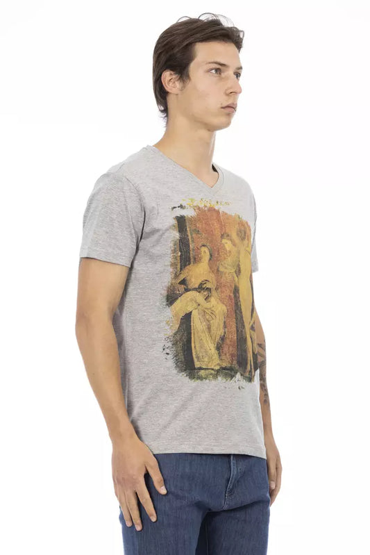 Mannequin wearing gray t-shirt with artwork on front